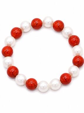 Red Howlite Pearl Bracelet Handmade Stretch Beaded Jewelry NWT